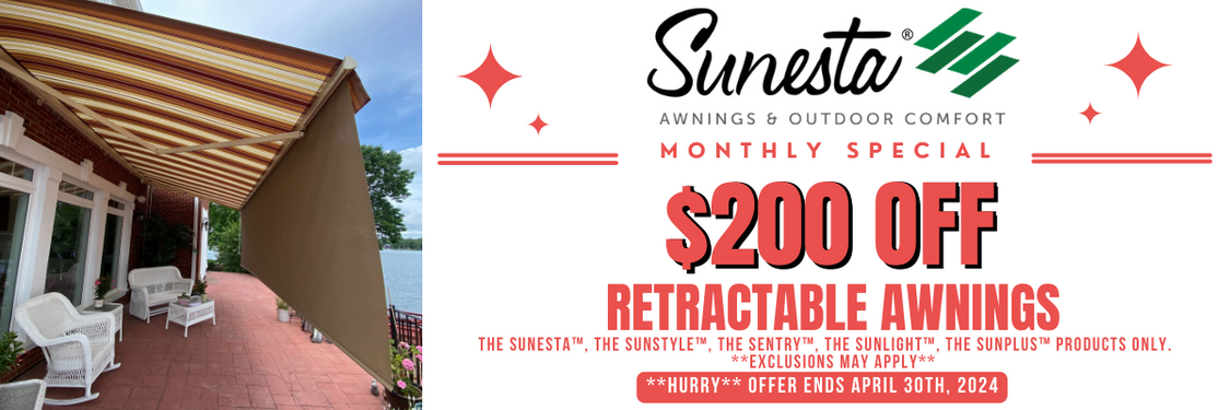 March Special for Sunesta FREE MOTOR. on medium Sentry, Sunplus, Sunesta or Sunstyle Awnings. Offer ends March 15th 2024