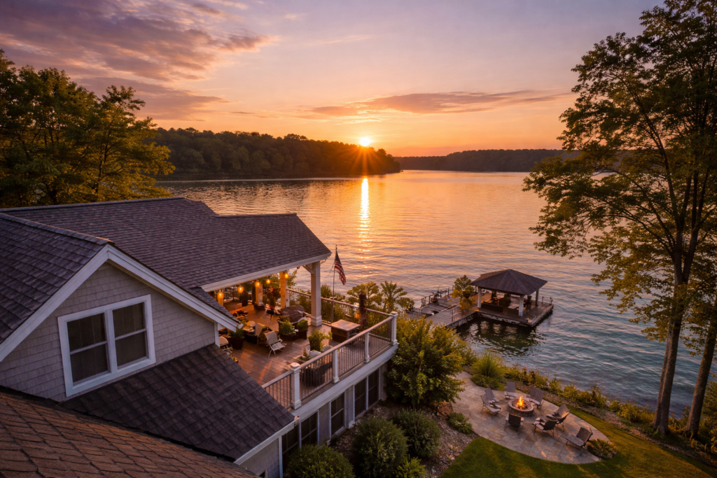 A serene lakeside home with a large wraparound porch at sunset.