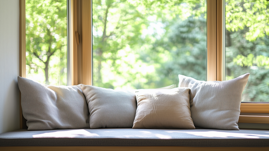 Large bay window, creating a comfortable interior seating area.