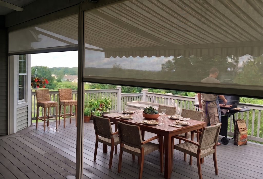 View through a retractable screen of a homeowner on a deck cooking on a grill, while a table is set for some fall outdoor entertainment.