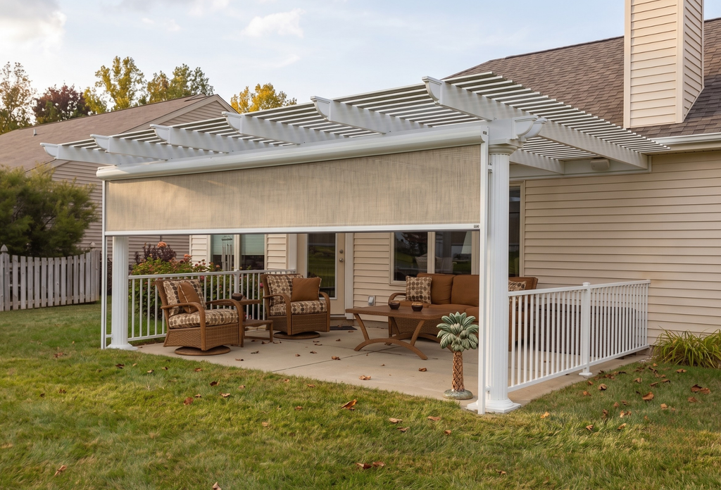 An early autumnal scene with a backyard patio, covered by a pergola and a retractable screen.